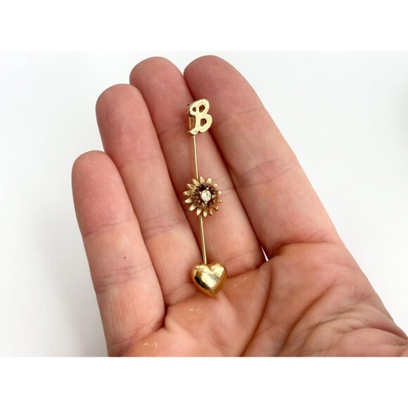 Letter "B" Monogrammed, Sunflower Shaped & Heart Shaped Vintage Gold T Stick Pin - Picture 8 of 10